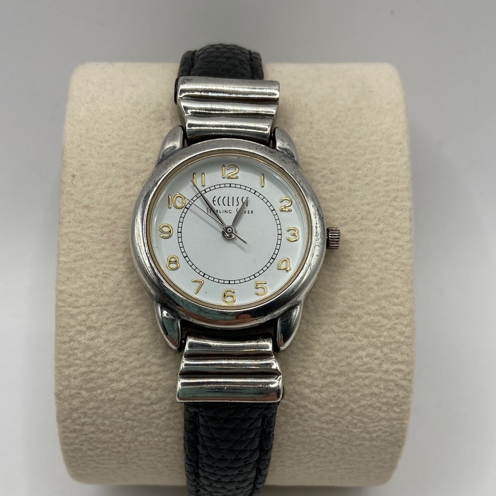 Vintage Ecclissi Sterling Silver Watch Black Leather Band 8 3/4”L Minimalist